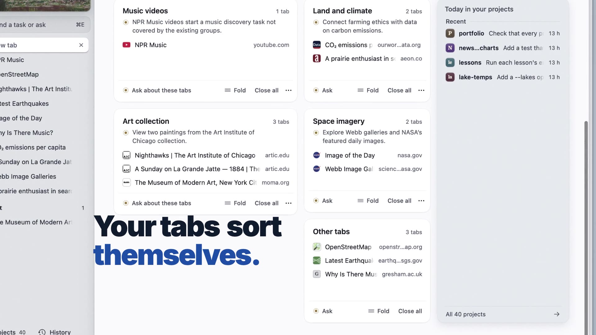 A frame from the launch film: Rill’s start page with tabs sorted into groups, under the words Your tabs sort themselves.