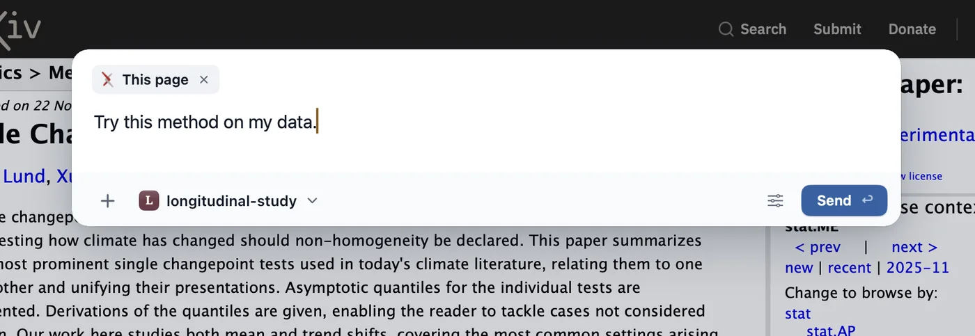 A note open over an arXiv paper. It holds This page and the words Try this method on my data., with the project longitudinal-study chosen and a Send button.