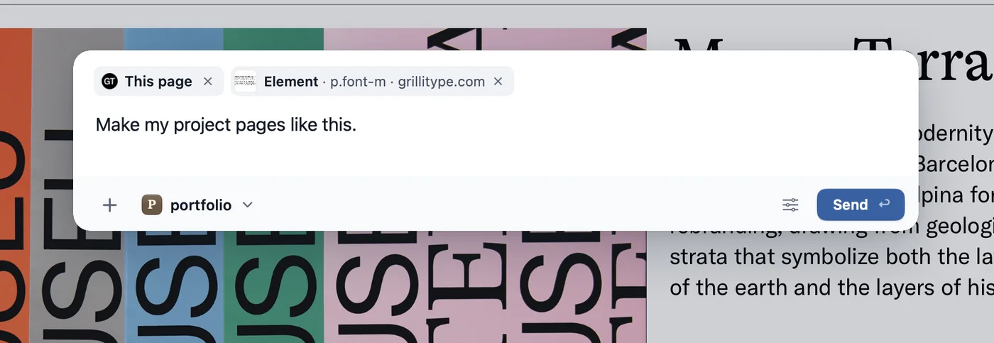 A note open over a type foundry's page. It carries the page and a paragraph that was pointed at, says Make my project pages like this., and the project portfolio has been chosen for it.