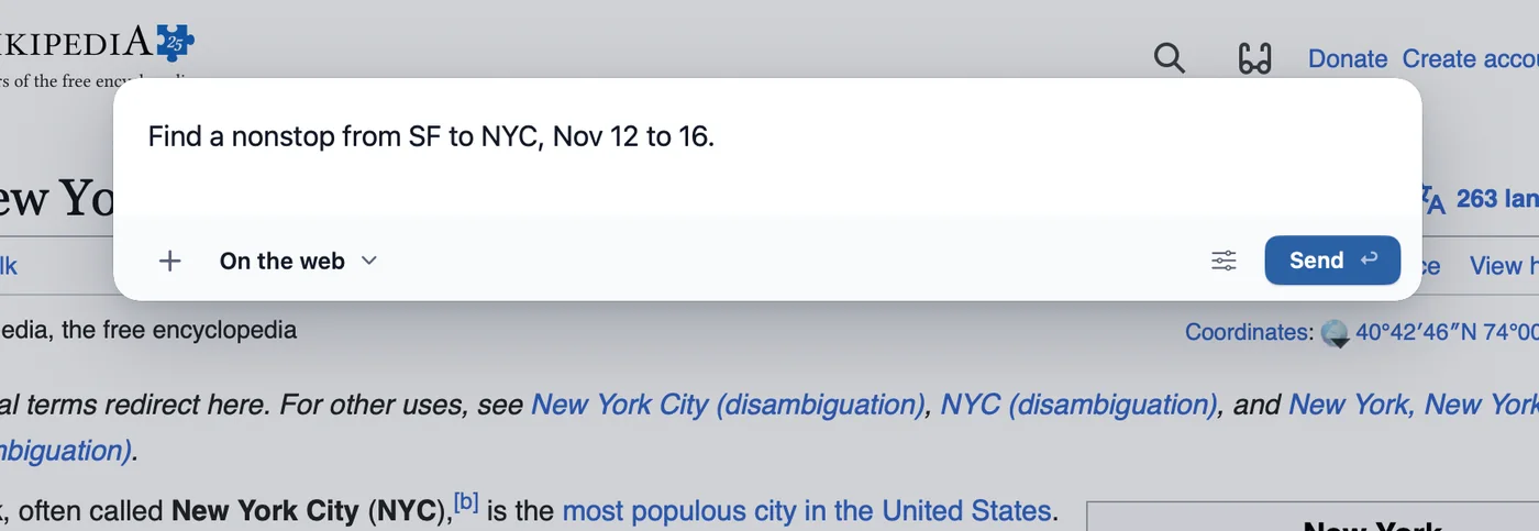 A note open over Wikipedia’s article about New York City. It says Find a nonstop from SF to NYC, Nov 12 to 16., and its destination reads On the web.