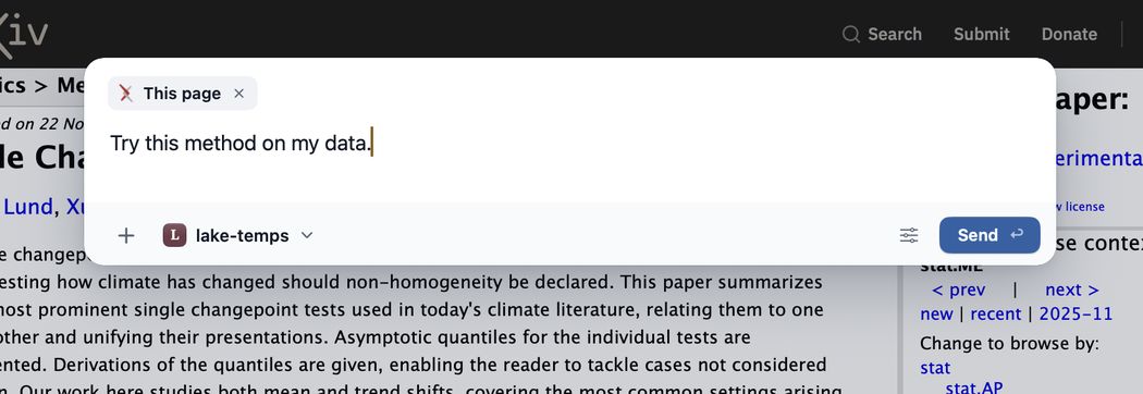 A note open over an arXiv paper. It holds This page and the words Try this method on my data., with the project lake-temps chosen and a Send button.