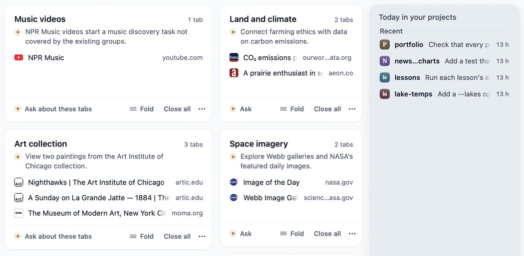 Your tabs on the start page, in four groups: Music videos, Land and climate, Art collection and Space imagery, each with a one-line summary. Today in your projects lists portfolio, newsroom-charts, lessons and lake-temps.