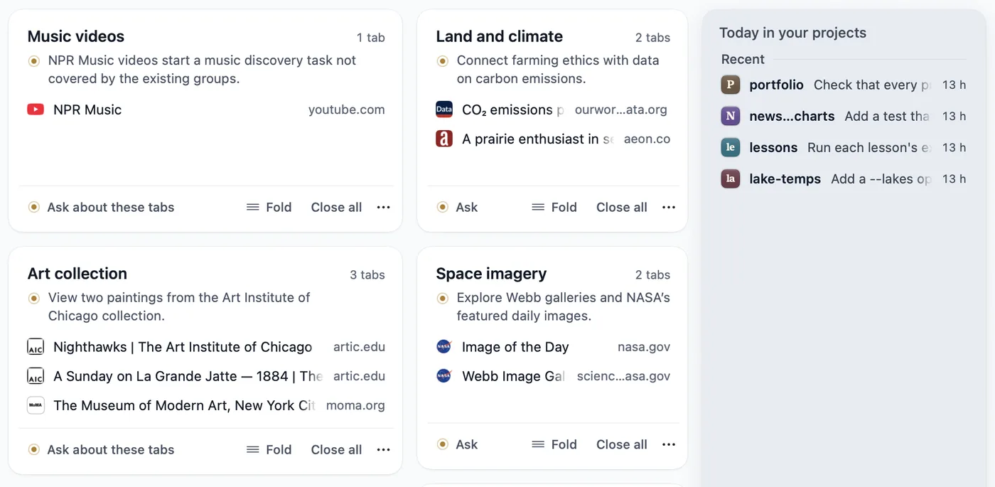 Your tabs on the start page, in four groups: Music videos, Land and climate, Art collection and Space imagery, each with a one-line summary.