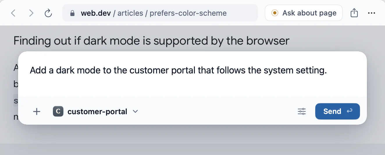 A note open over an article about dark mode. It holds the words Add a dark mode to the customer portal that follows the system setting., with the project customer-portal chosen and a Send button.