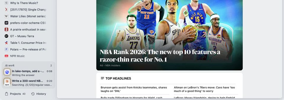 Rill with ESPN’s NBA page open: a photo of five players under the headline NBA Rank 2026: The new top 10 features a razor-thin race for No. 1, and Top headlines below it. On the wall beside it, the At work tray shows two agents at work: a Codex task, In lake-temps, add a…, writing the answer, and a Claude Code task on opus, Write a 300-word NB…, searching.
