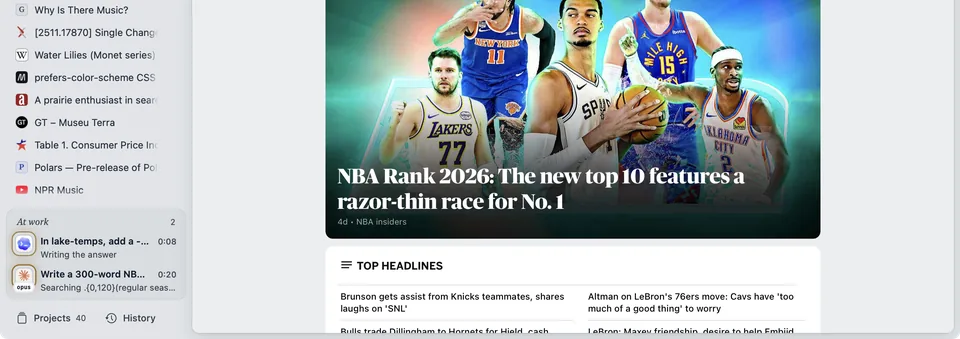 The At work tray with a Codex task and a Claude Code task at work beside ESPN’s NBA page.