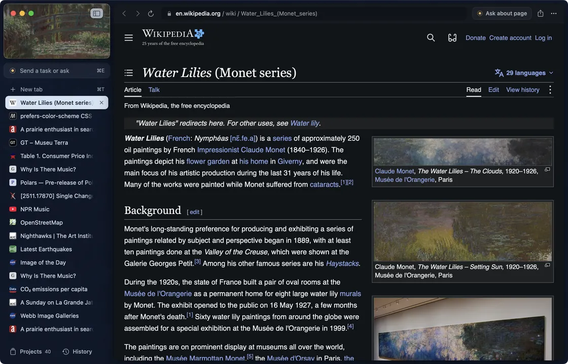 Rill in dark mode on Wikipedia’s Water Lilies article.